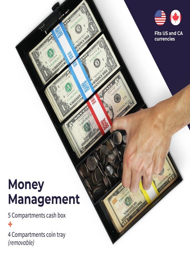 Volcora Cash Box Money Organizer - 15” x 7.5” x 4” Cashbox 5 Compartments Drawer Tray - Bills and Coin Slot with Combination Lock for POS Register, Kiosk, Retail, Personal and Business Use, Black - Image 3